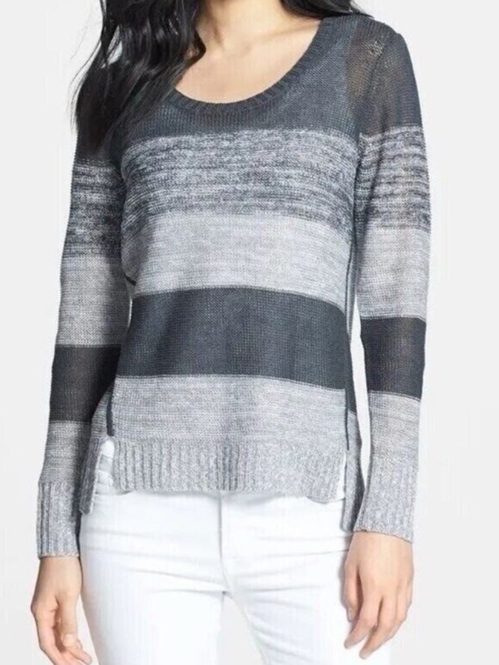 Eileen Fisher Organic Linen Gray Striped Long Sleeve Top Women’s XS Minimalist